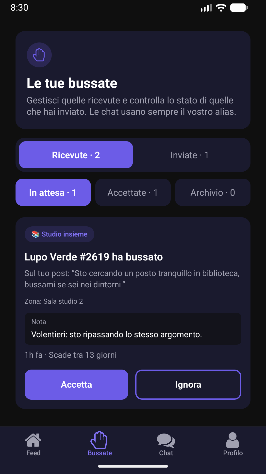 Schermata Bussate con richieste ricevute e inviate