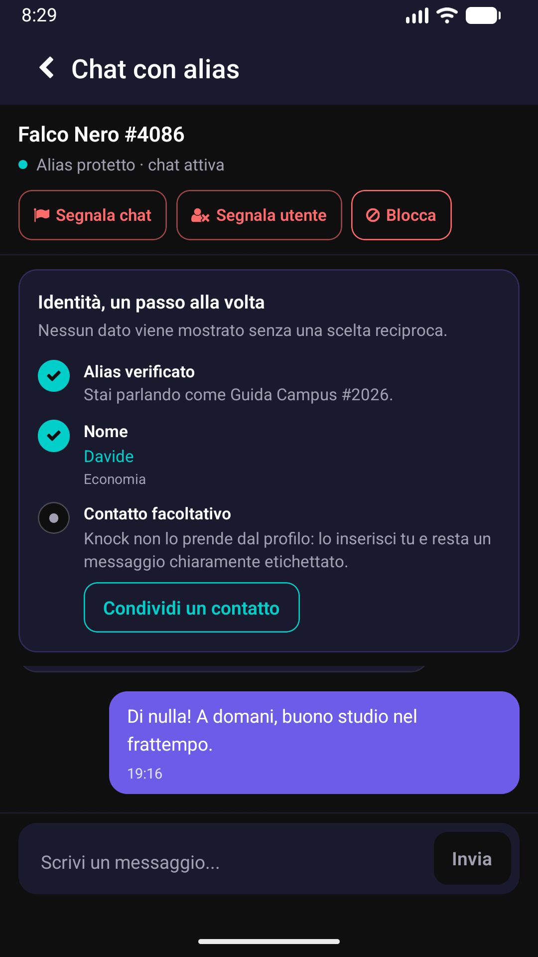 Chat di Knock con accesso ai controlli di sicurezza